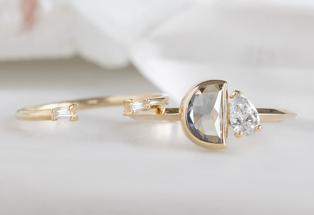 The You & Me Ring with a Silvery Grey Half Moon + White Diamond with Open Cuff Baguette Stacking Band