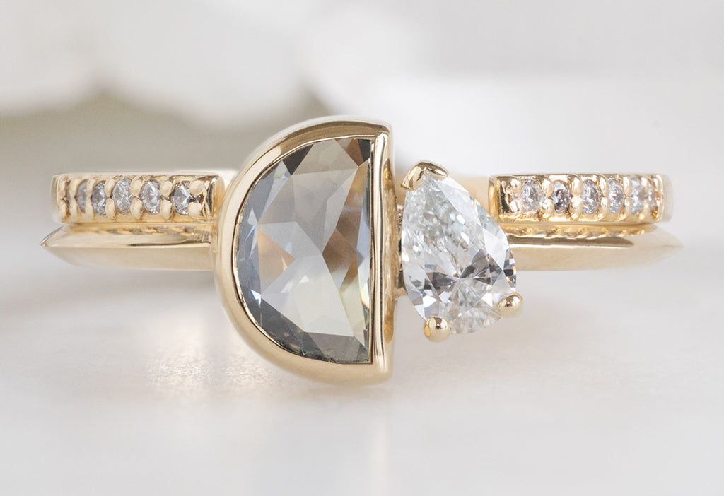 The You & Me Ring with a Silvery Grey Half Moon + White Diamond with Open Cuff Pavé Stacking Band