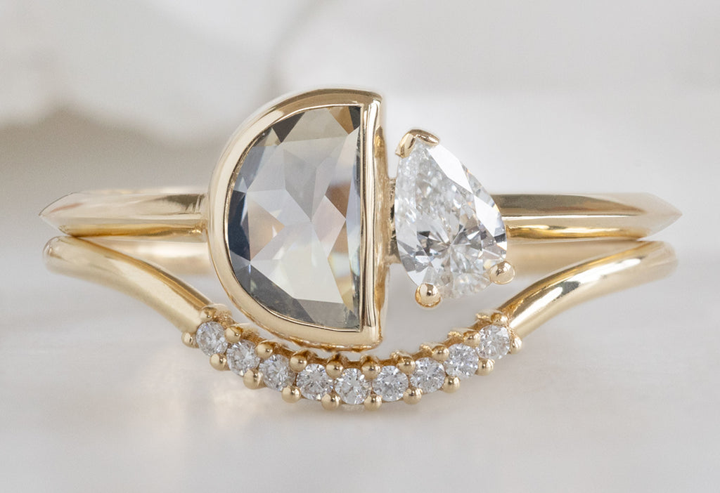 The You & Me Ring with a Silvery Grey Half Moon + White Diamond with Pavé Arc Stacking Band
