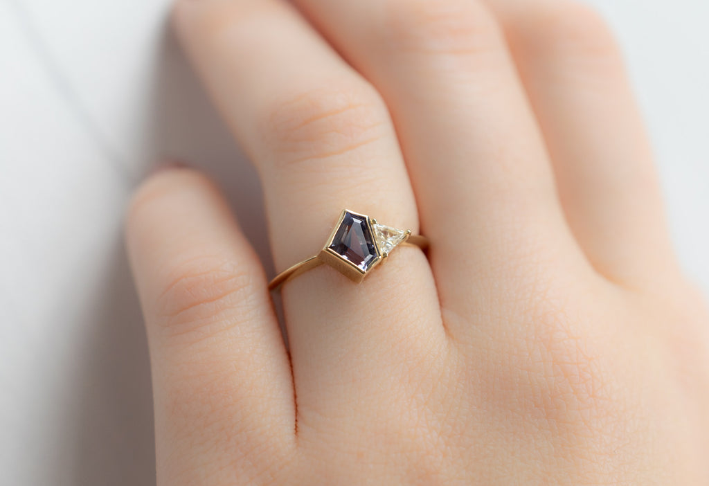 The You & Me Ring with a Violet Sapphire + White Diamond on Model