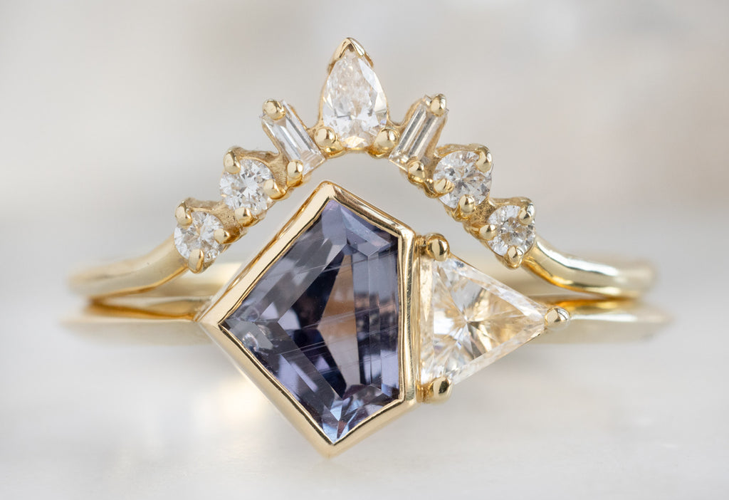 The You & Me Ring with a Violet Sapphire + White Diamond with White Diamond Geometric Sunburst Stacking Band