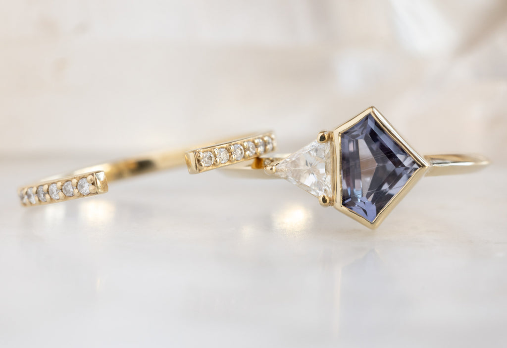 The You & Me Ring with a Violet Sapphire + White Diamond with Open Cuff Pave Diamond Stacking Band