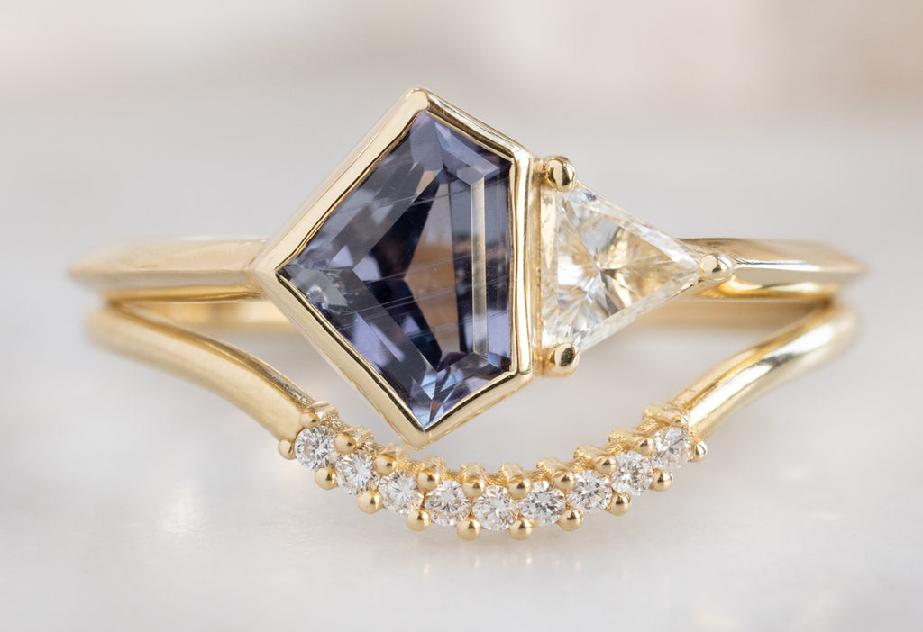 The You & Me Ring with a Violet Sapphire + White Diamond with Pavé Diamond Arc Stacking Band