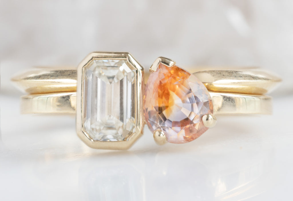 The You & Me Ring with an Emerald-Cut White Diamond + Bicolor Sapphire with Knife Edge Stacking Band