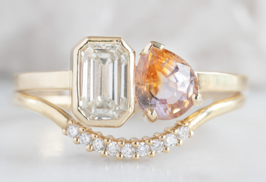 The You & Me Ring with an Emerald-Cut White Diamond + Bicolor Sapphire with Stacking Band