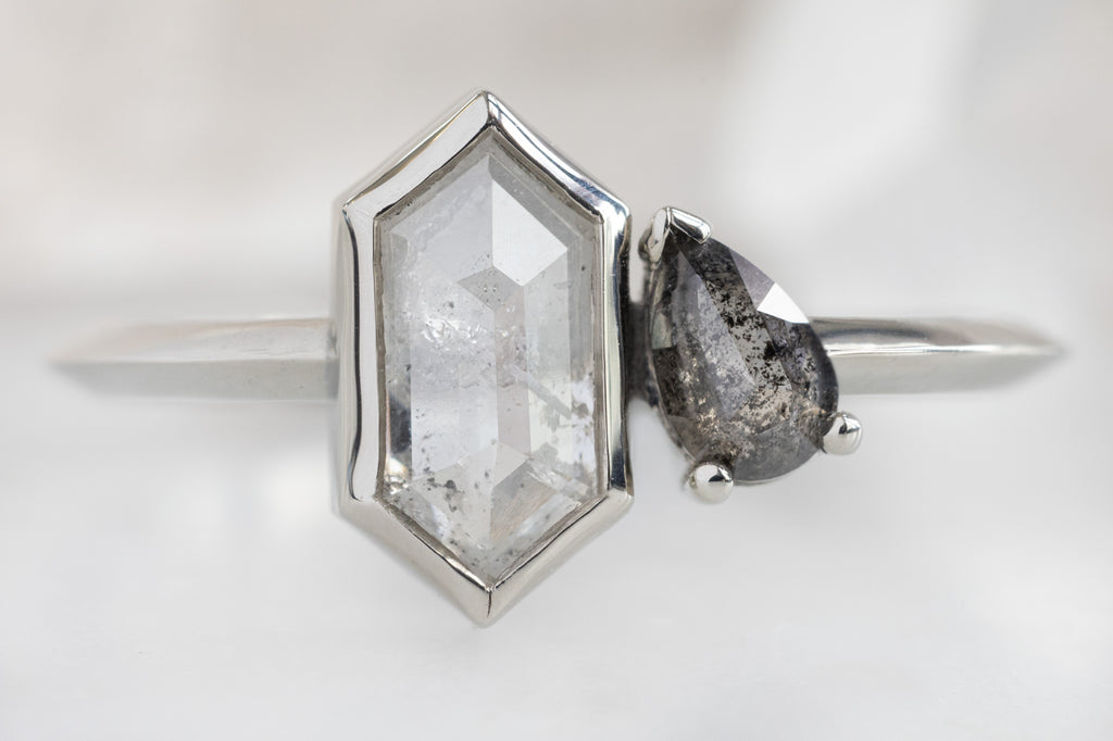 The You & Me Ring with an Icy-White Hexagon + Rose-Cut Black Diamond