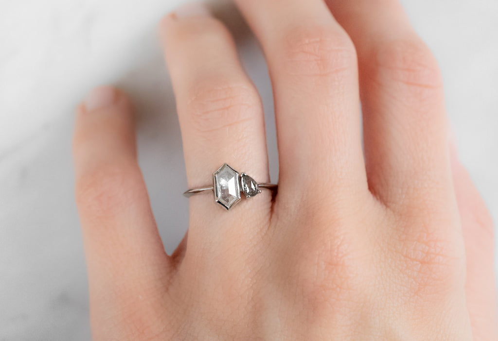 The You & Me Ring with an Icy-White Hexagon + Rose-Cut Black Diamond on Model