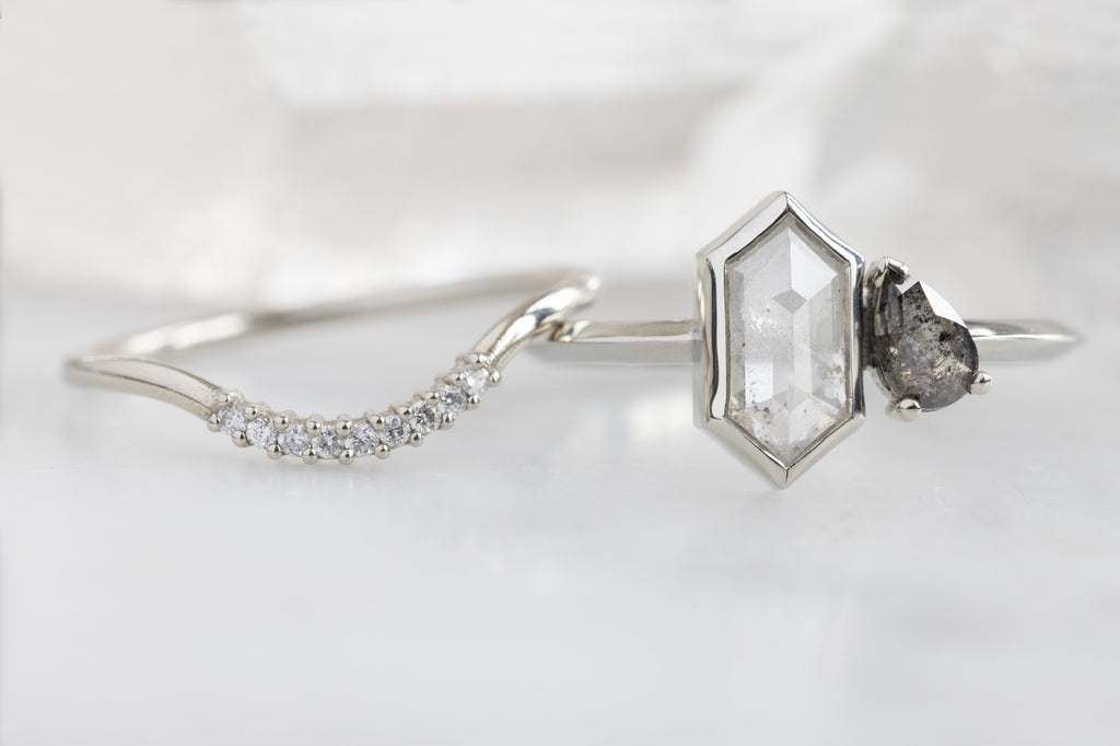 The You & Me Ring with an Icy-White Hexagon + Rose-Cut Black Diamond with Stacking Band