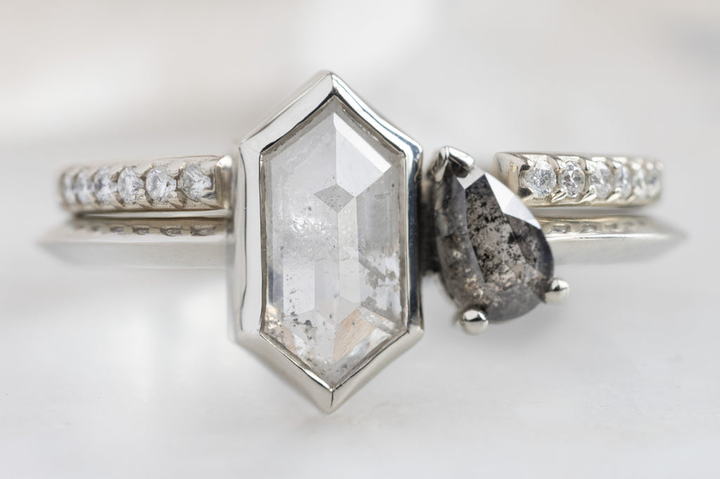 The You & Me Ring with an Icy-White Hexagon + Rose-Cut Black Diamond with Stacking Band
