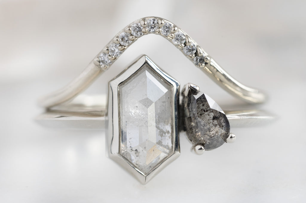 The You & Me Ring with an Icy-White Hexagon + Rose-Cut Black Diamond with Stacking Band