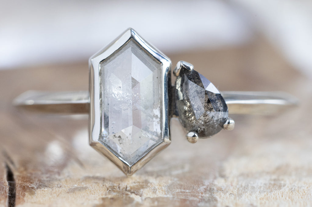 The You & Me Ring with an Icy-White Hexagon + Rose-Cut Black Diamond