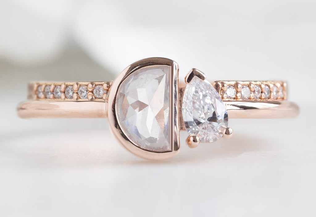 The You & Me Ring with an Opalescent Half-Moon + White Diamond with Open Cuff Pavé Stacking Band