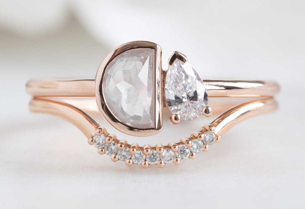 The You & Me Ring with an Opalescent Half-Moon + White Diamond with Pavé Arc Stacking Band