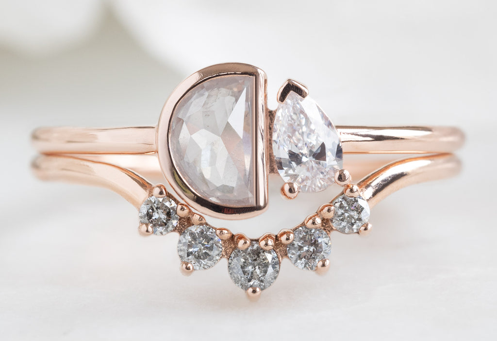 The You & Me Ring with an Opalescent Half-Moon + White Diamond with Round Diamond Sunburst Stacking Band