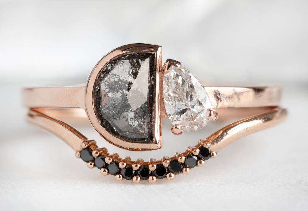 The You & Me Ring with a Black Half-Moon + Pear-Cut White Diamond with Black Diamond Stacking Band