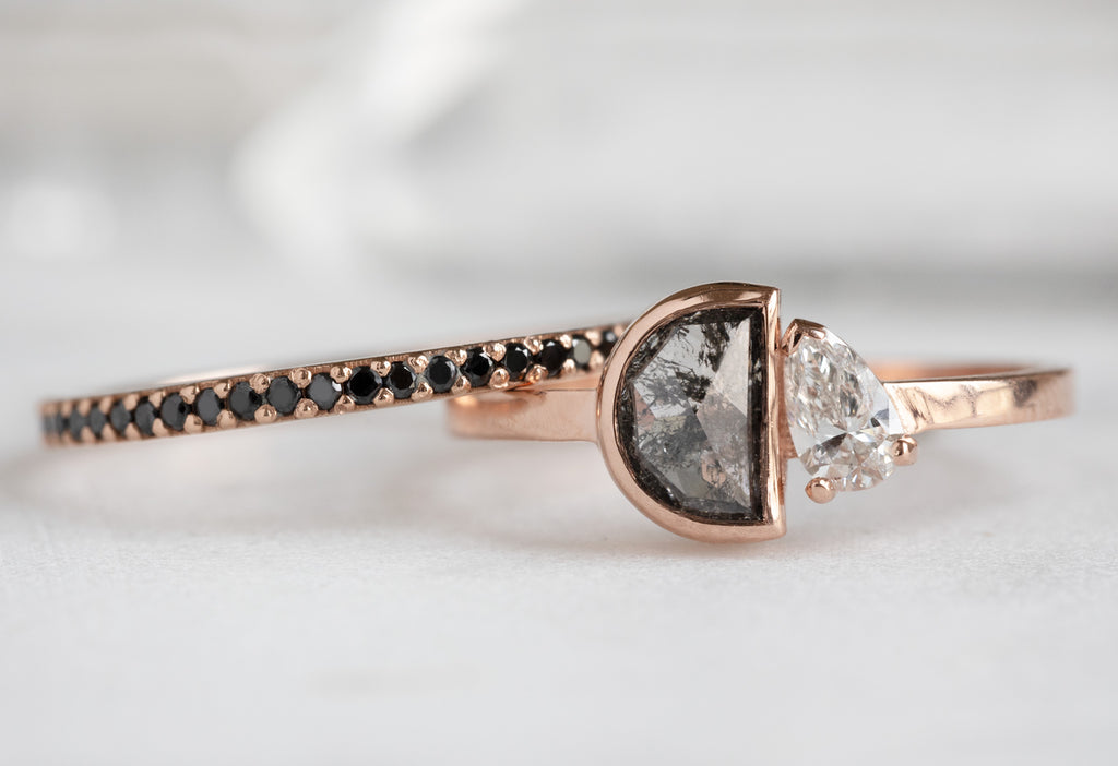 The You & Me Ring with a Black Half-Moon + Pear-Cut White Diamond with Black Pavé Diamond Stacking Band