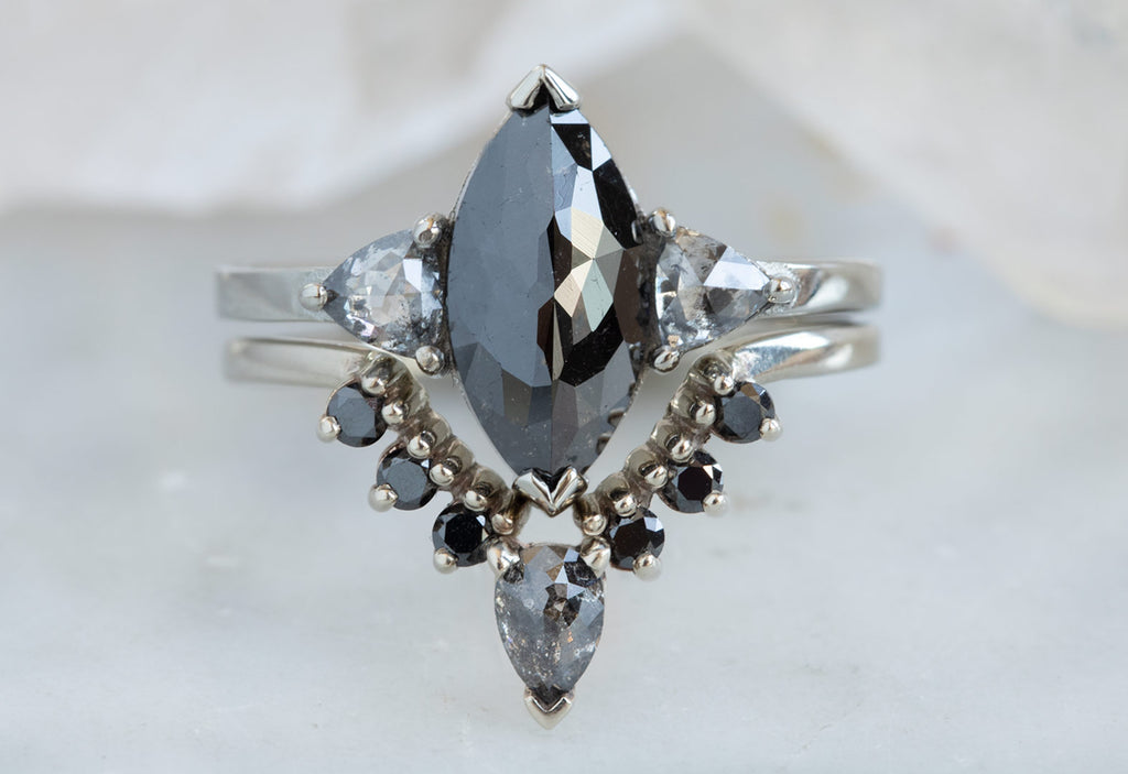 Three-Stone Black & White Marquise Diamond Engagement Ring
