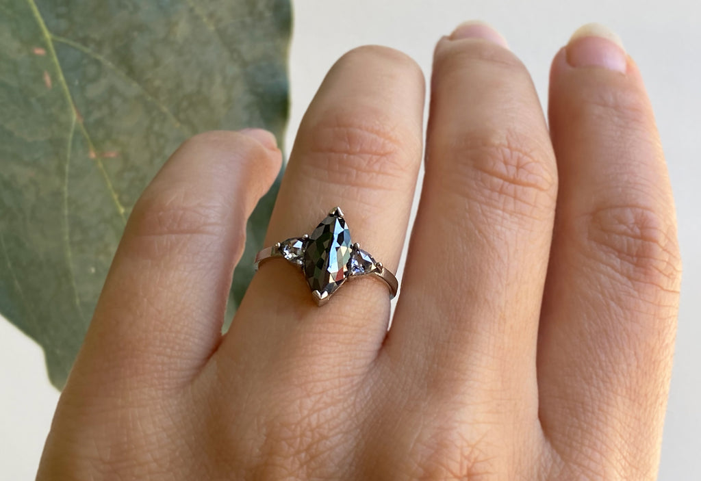 Three-Stone Black & White Marquise Diamond Engagement Ring