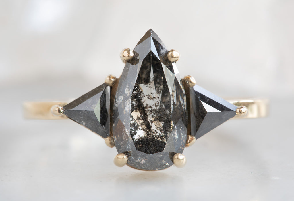 Three Stone Pear Cut Black Diamond Engagement Ring