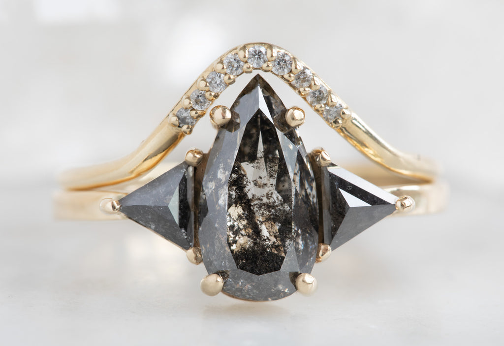 Three Stone Pear Cut Black Diamond Engagement Ring