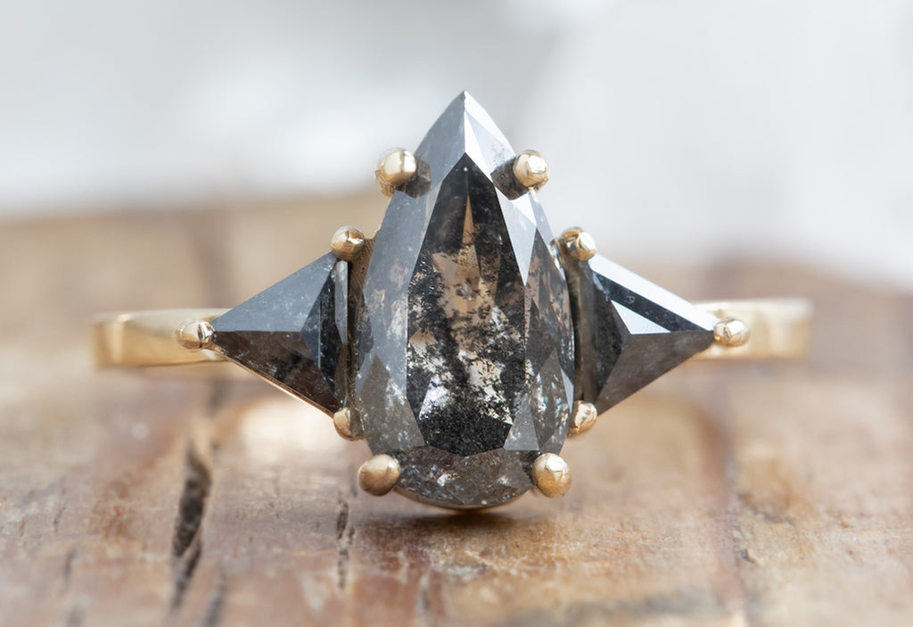 Three Stone Pear Cut Black Diamond Engagement Ring