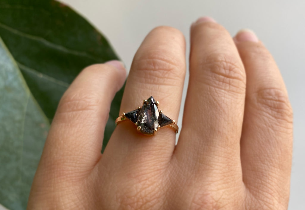 Three Stone Pear Cut Black Diamond Engagement Ring