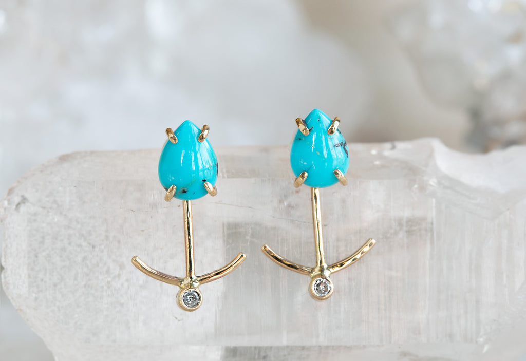 Turquoise + Diamond Ear Jackets in Yellow Gold