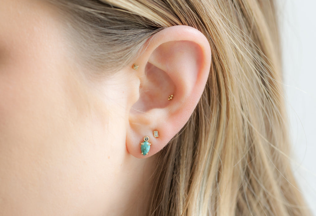 Turquoise + Diamond Stud Earrings Stacked on Modle