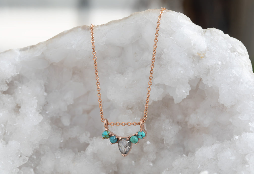 Turquoise + Diamond Sunburst Necklace on White Crystal
