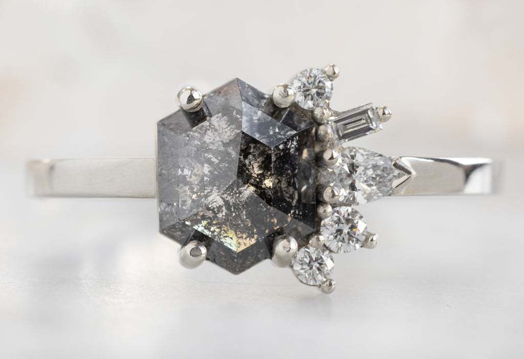 One of a Kind Salt and Pepper Hexagon Diamond Cluster Ring