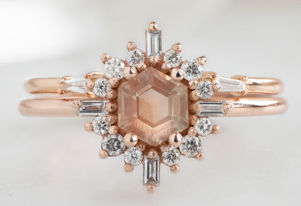 The Compass Ring with a Hexagon-Cut Sunstone with Open Cuff Baguette Stacking Band