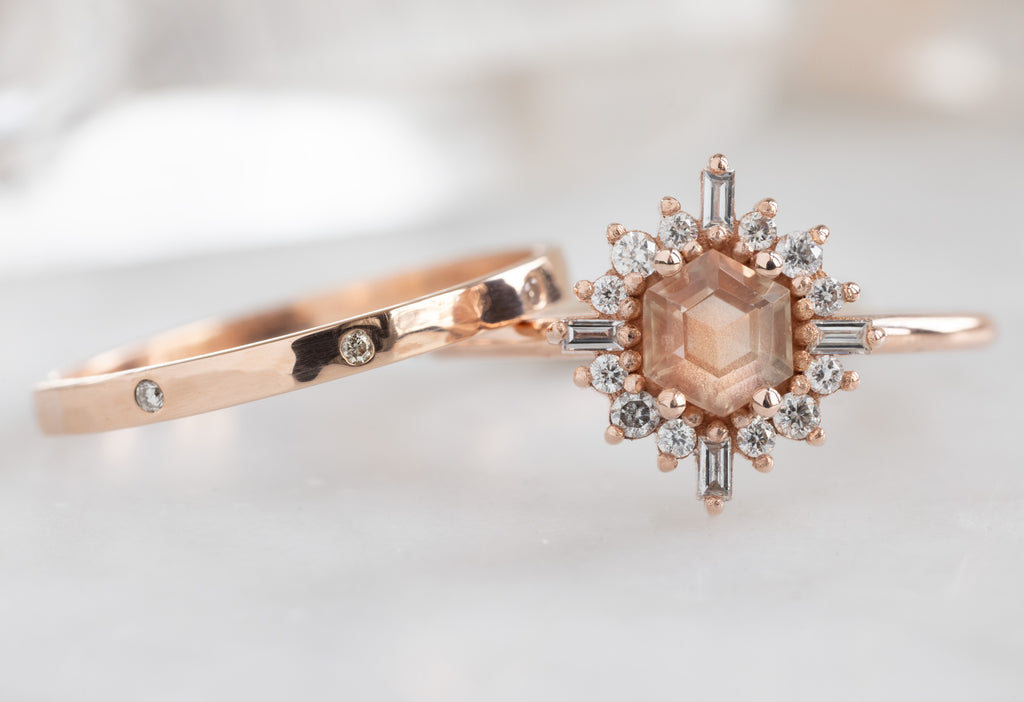 The Compass Ring with a Hexagon-Cut Sunstone with Diamond Eternity Stacking Band