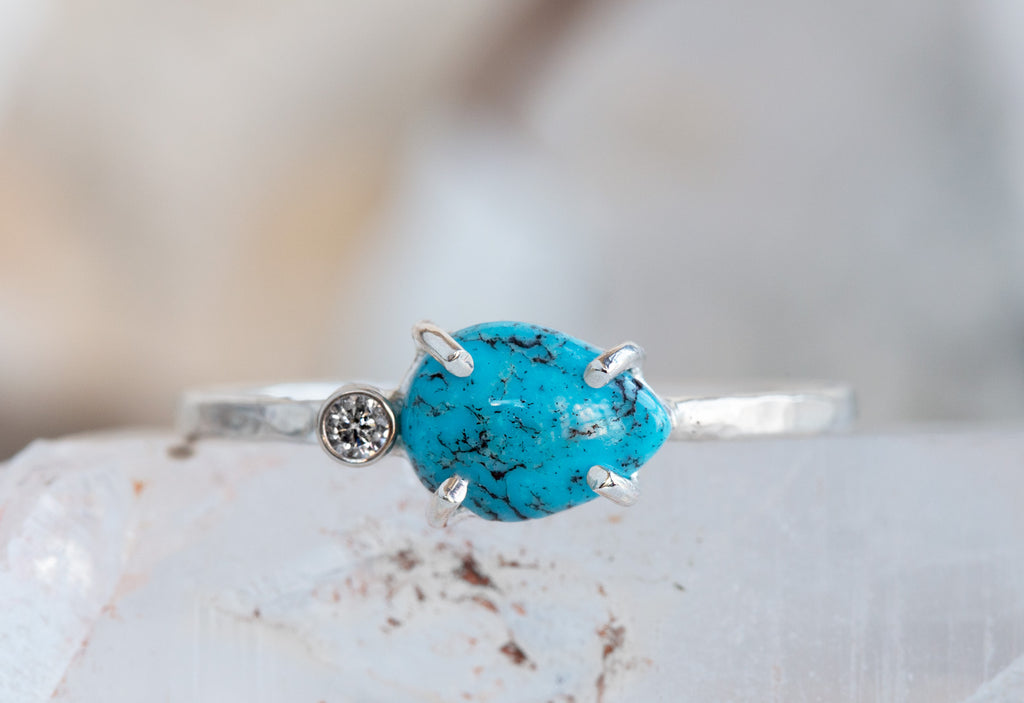 White Gold Asymmetrical Turquoise and Diamond Ring