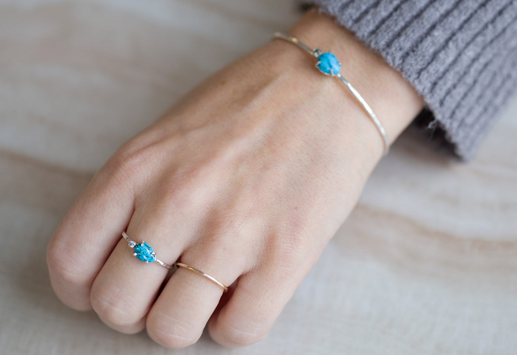 White Gold Asymmetrical Turquoise and Diamond Ring on Model