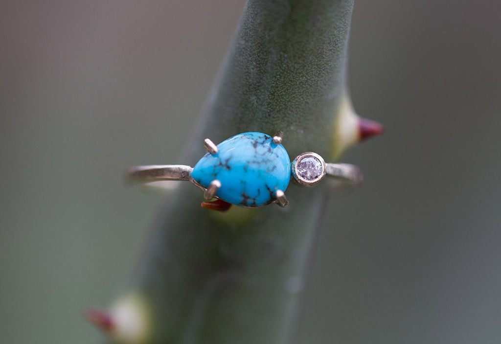 White Gold Asymmetrical Turquoise and Diamond Ring on Plant Stem