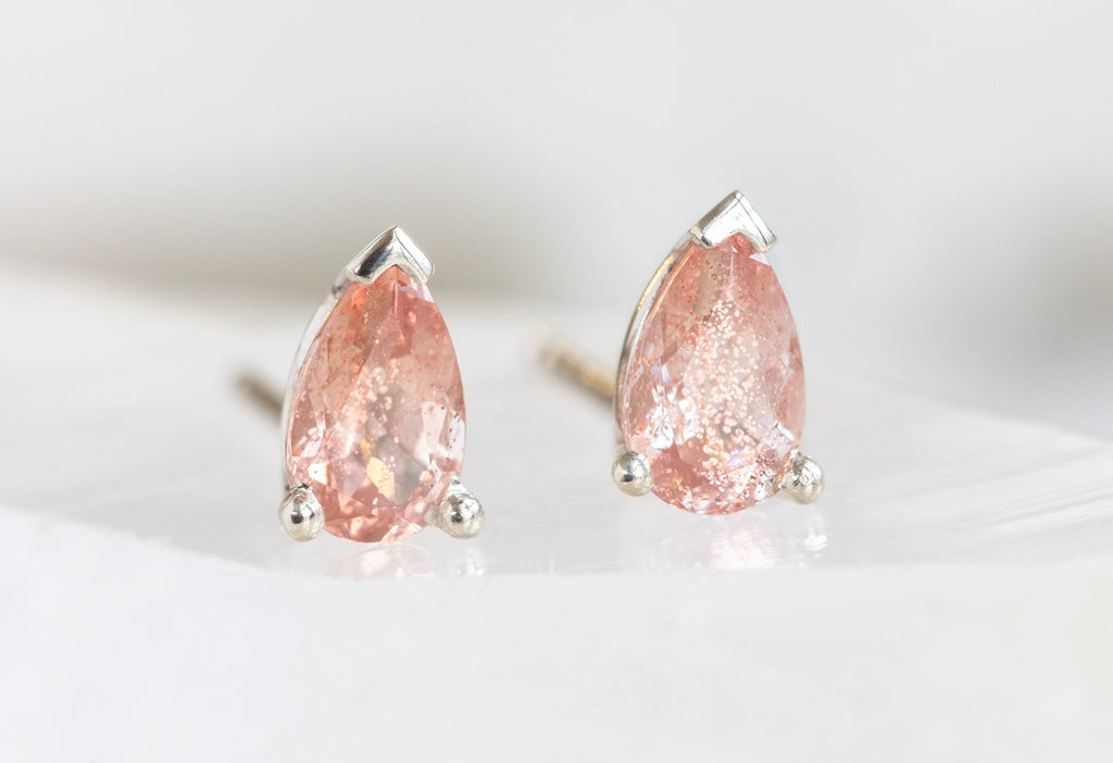 14k White Gold Peachy-Pink Sunstone Stud Earrings