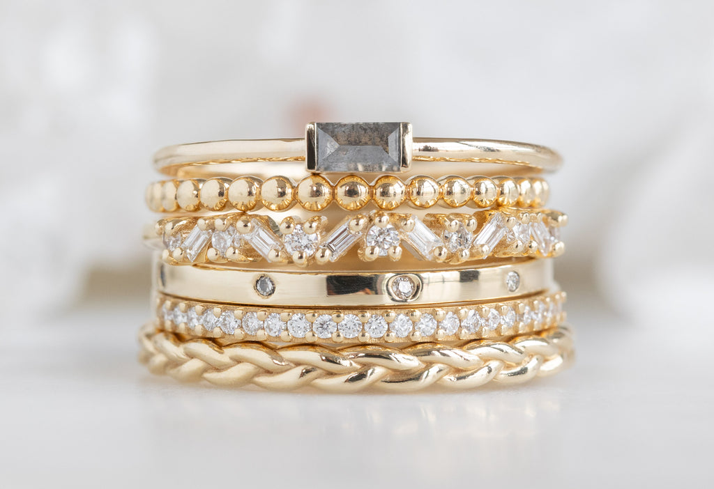 Baguette Diamond Line Ring Stacked with Alexis Russell Stacking Bands