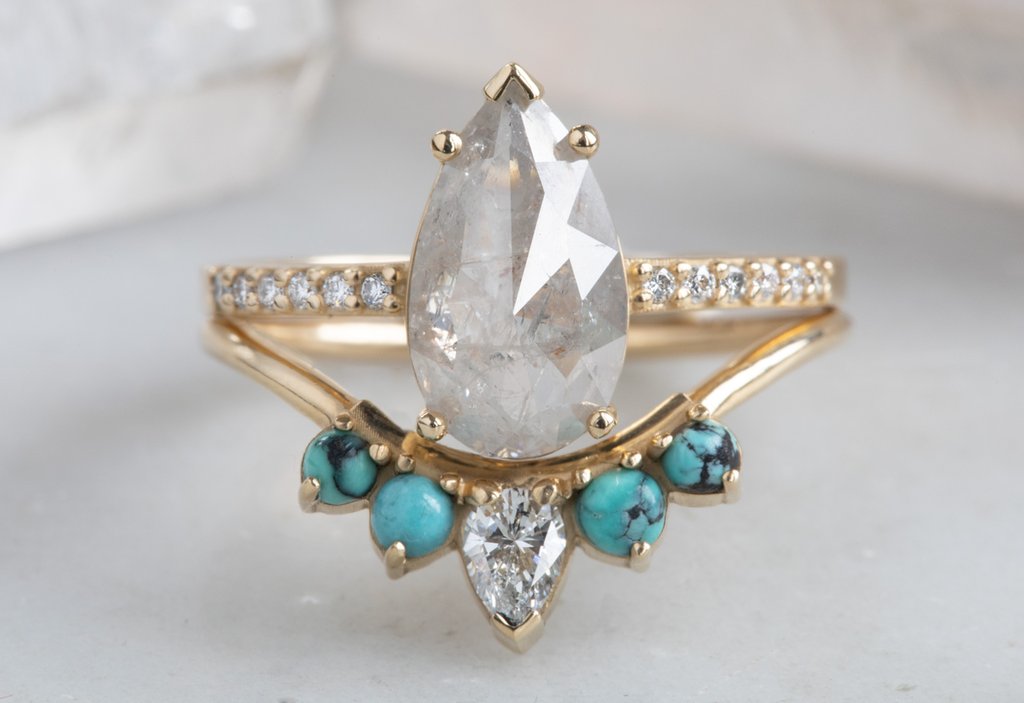Yellow Gold Turquoise and White Diamond Sunburst Stacking Ring with Diamond Engagement Ring