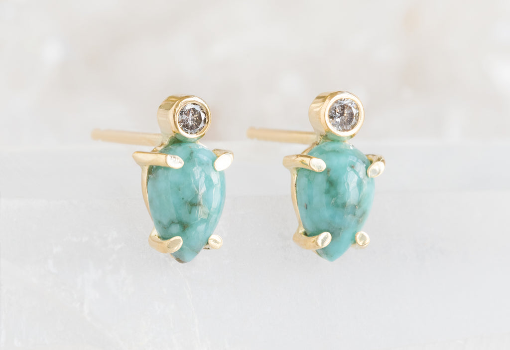 Yellow Gold Turquoise + Diamond Stud Earrings