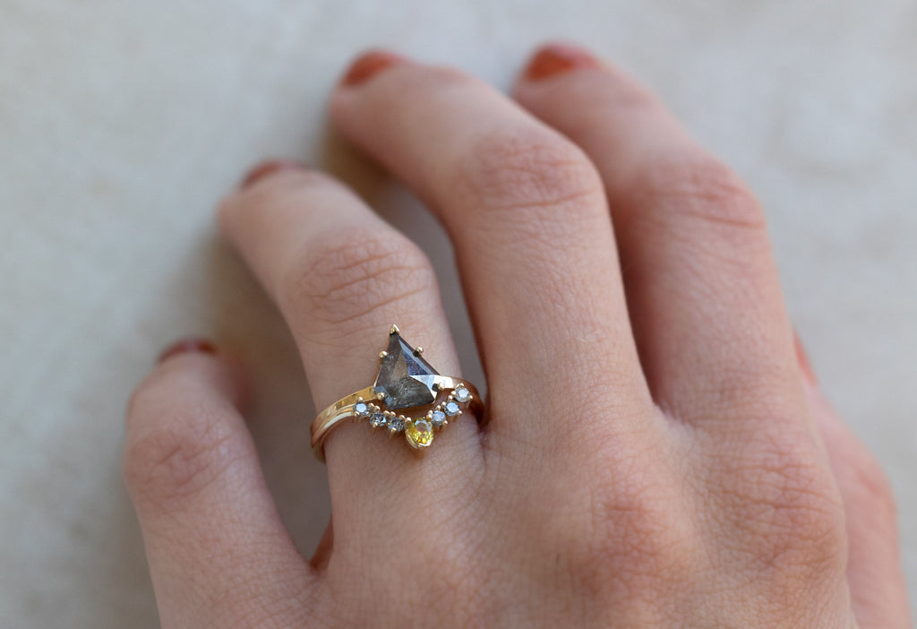 Yellow Sapphire + Salt and Pepper Diamond Sunburst Stacking Ring Stacked with Engagement Ring on Model