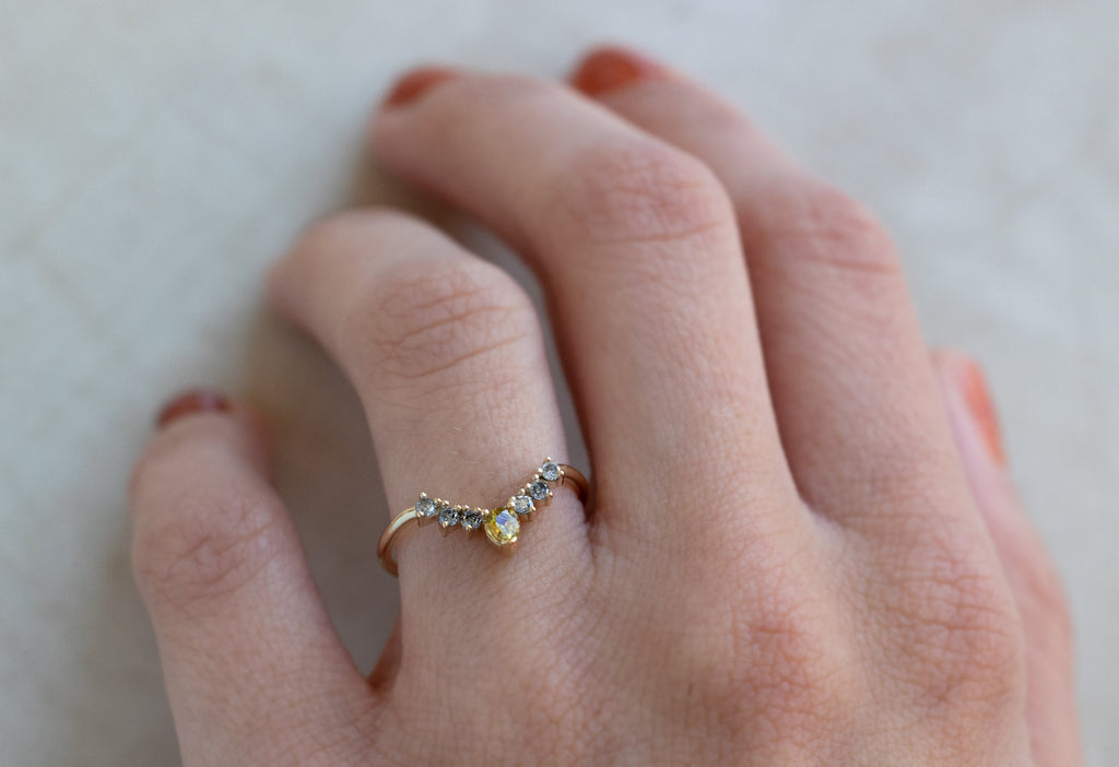 Yellow Sapphire + Salt and Pepper Diamond Sunburst Stacking Ring on Model