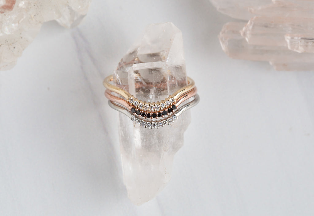Yellow, Rose and White Yellow Gold Pavé Diamond Arc Stacking Rings on Crystal