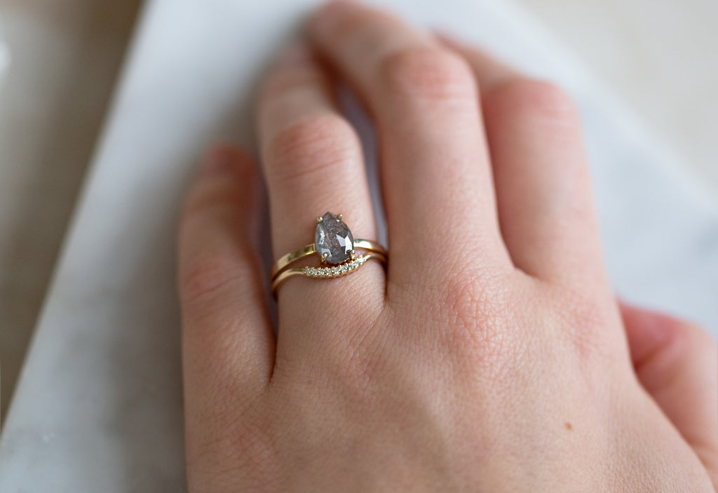 Yellow Gold Pavé Diamond Arc Stacking Ring Stacked with Diamond Engagement Ring on Model