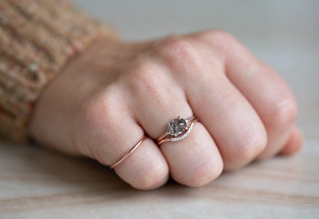 Rose Gold Pavé Diamond Arc Stacking Ring Stacked on Model