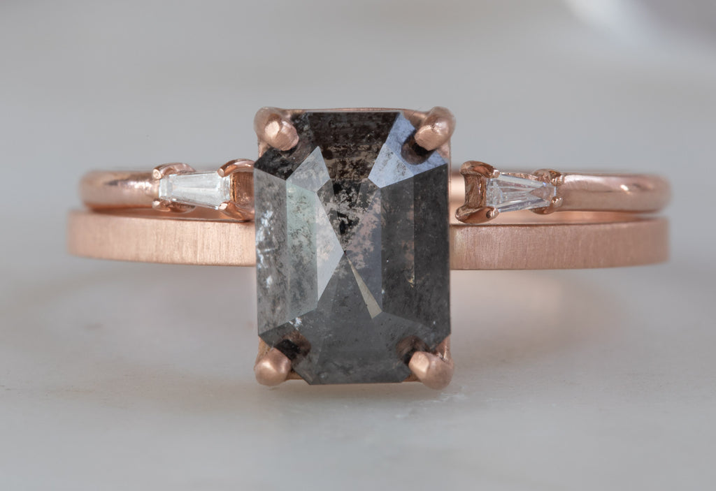 Rose Gold Open Cuff Baguette Diamond Ring stacked with black diamond engagement ring