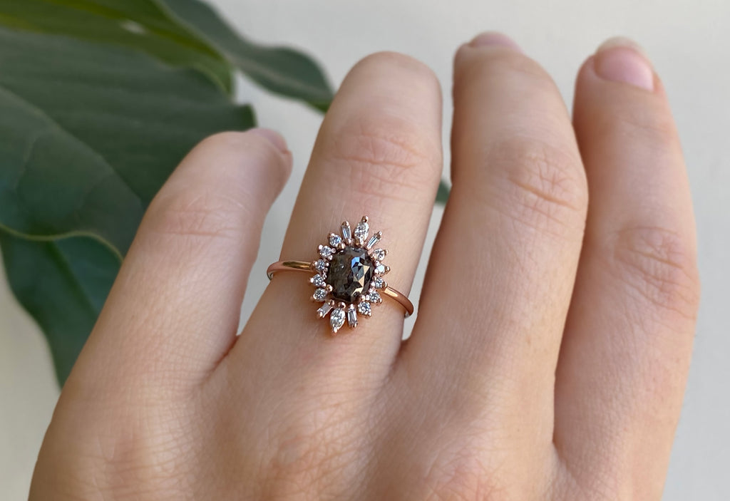 The Camellia Ring with a Black Emerald-Cut Diamond