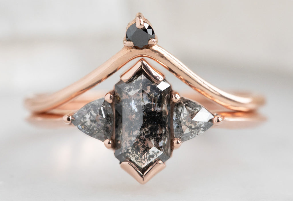 The Jade Ring with a Black Hexagon Diamond with Diamond Crown Stacking Bnad