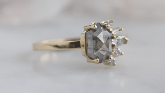One-of-a-Kind Salt and Pepper Hexagon Diamond Cluster Ring