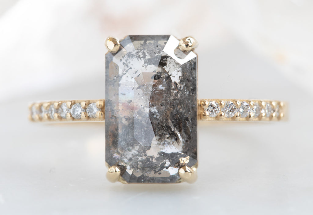 Large Emerald Cut Salt + Pepper Diamond Engagement Ring with Pavé Band
