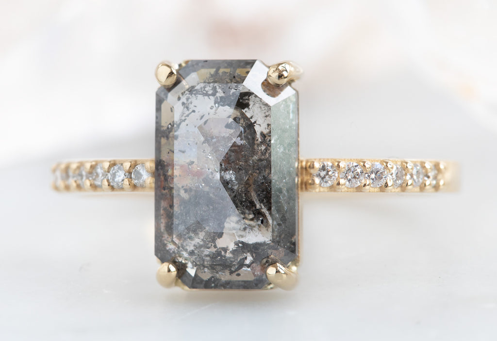 Large Emerald Cut Salt + Pepper Diamond Engagement Ring with Pavé Band